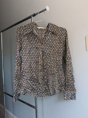 Express 100% Silk Geometric Button Down Shirt Blouse Long Sleeve Women's Small